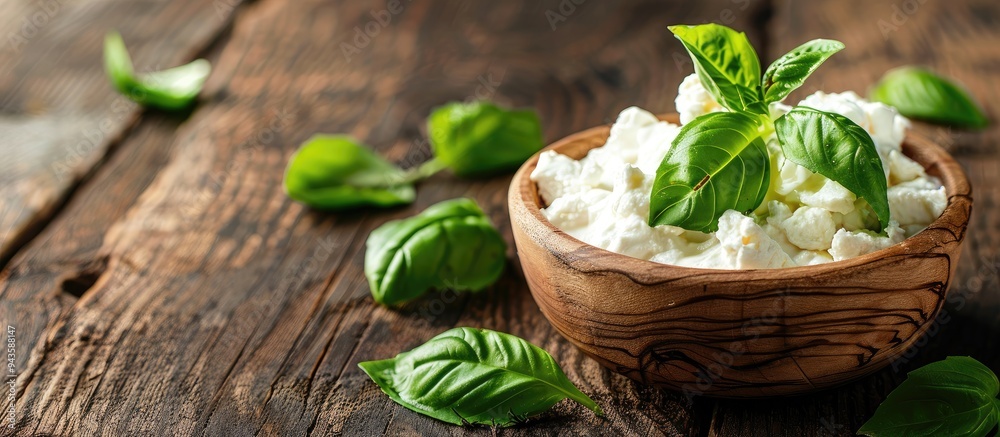 Sticker Wooden table with fresh ricotta and basil close up view for copy space image