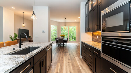 A modern kitchen with black upper cabinets, a granite countertop and backsplash, a black sink, built-in oven, wooden flooring, and a view into an empty dining area.