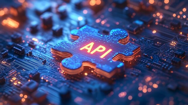 Vibrant API Puzzle Piece on a Modern Circuit Board with Glowing Components - Powered by Adobe