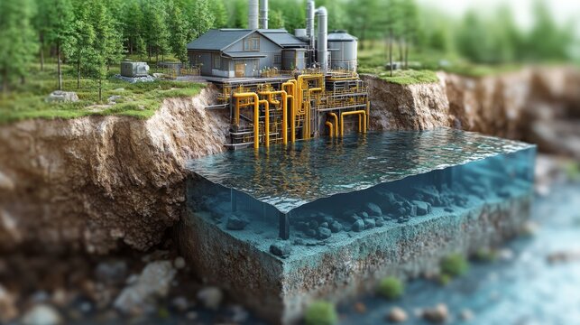An intricate diagram shows carbon sequestration methods employed at a coastal facility, highlighting the technology involved.
