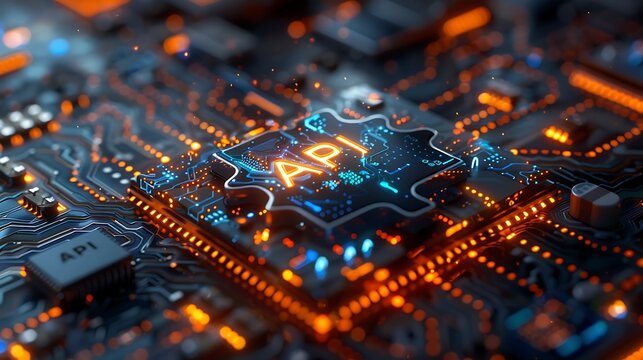 Vibrant API Puzzle Piece on a Modern Circuit Board with Glowing Components