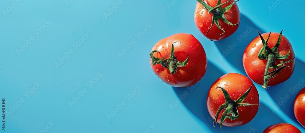 Poster Tomatoes placed on a blue backdrop with copy space image