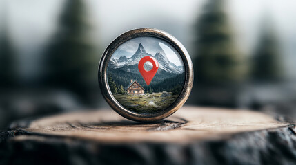 Naklejka premium Mountain Cabin with Location Marker Pin in Surreal Scenic Setting