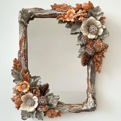 Obraz premium Elegant floral wooden mirror frame adorned with natural elements, perfect for home decor and enhancing interior aesthetics.