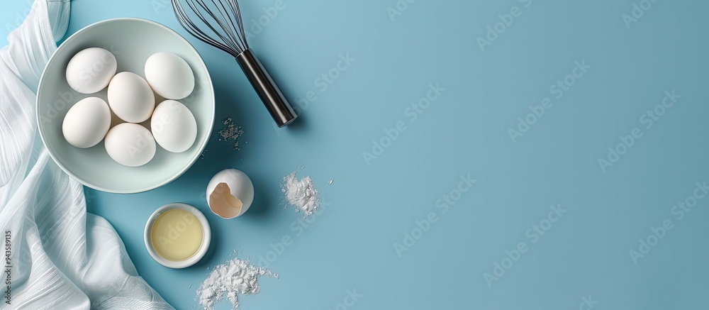 Poster Top view of a bowl eggs and whisk on a blue backdrop with room for text or other elements in the image Great for baking themed backgrounds. Creative banner. Copyspace image