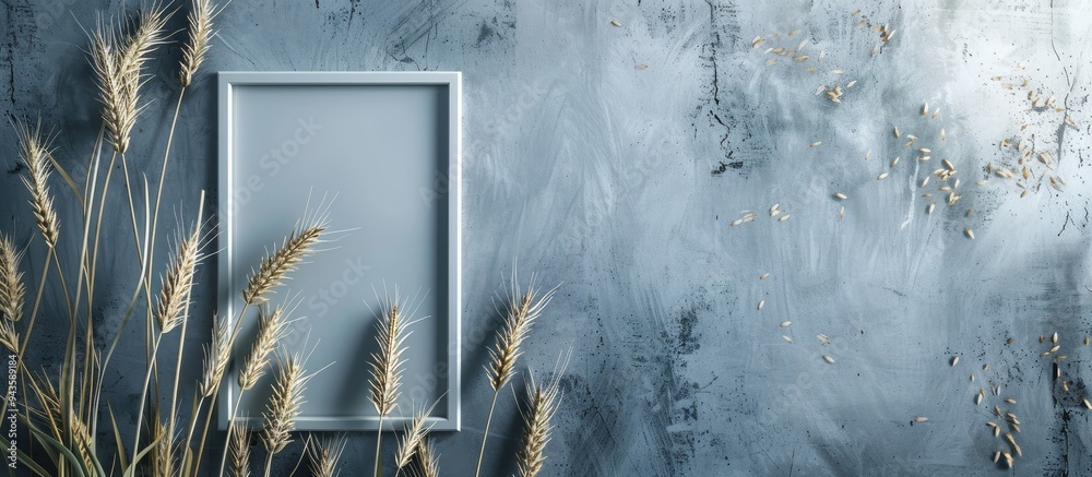 Poster Minimalist agricultural concept with a group of wheat ears and a photo frame on a silver backdrop providing ample copy space for text in the image