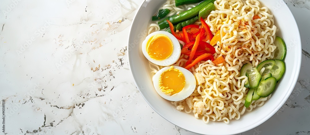 Aufkleber indonesian dish of instant noodles with boiled egg vegetables served in a white bowl with copy space