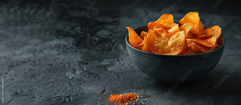 Poster potato and paprika chips in a bowl served with mustard and salt on a dark textured background ideal 