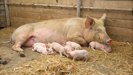 A Mother Pig Nurturing Her Piglets in a Straw-Filled Pen