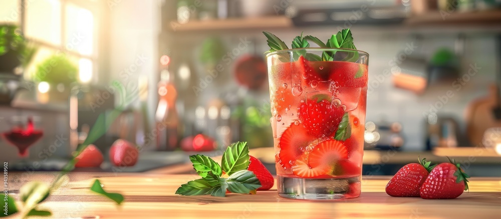 Poster a summery cocktail featuring strawberries and mint is on display in a well lit kitchen with a copy s