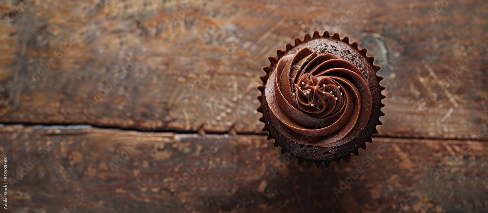 Leinwandbilder a delectable chocolate cupcake sits on a rustic table with copy space in a top view food background