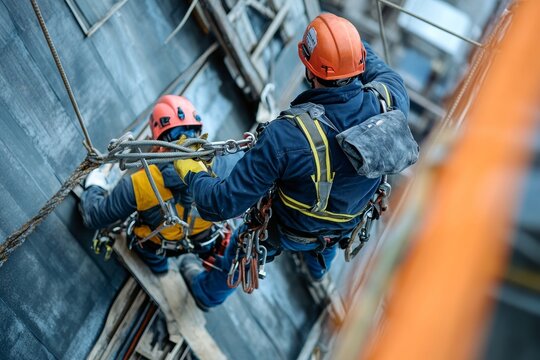 Construction workers in safety gear on high rise project using fall arrest systems for protection
