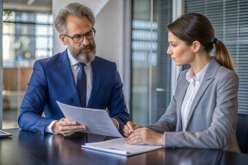 Fototapeta premium Business Contracts Review in Legal Office A detailed review of legal documents and business contracts by a lawyer.