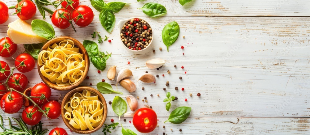 Poster italian ingredients for making pasta with vegetables spices and herbs displayed in a top view on a w