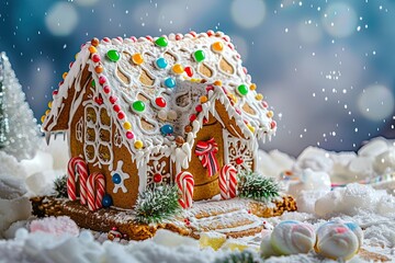  A Christmas card close-up featuring a gingerbread house covered in icing, candy canes, and gumdrops, surrounded by snow