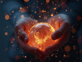 Hands cradling glowing orb surrounded by swirling sparks in abstract mystical dark setting