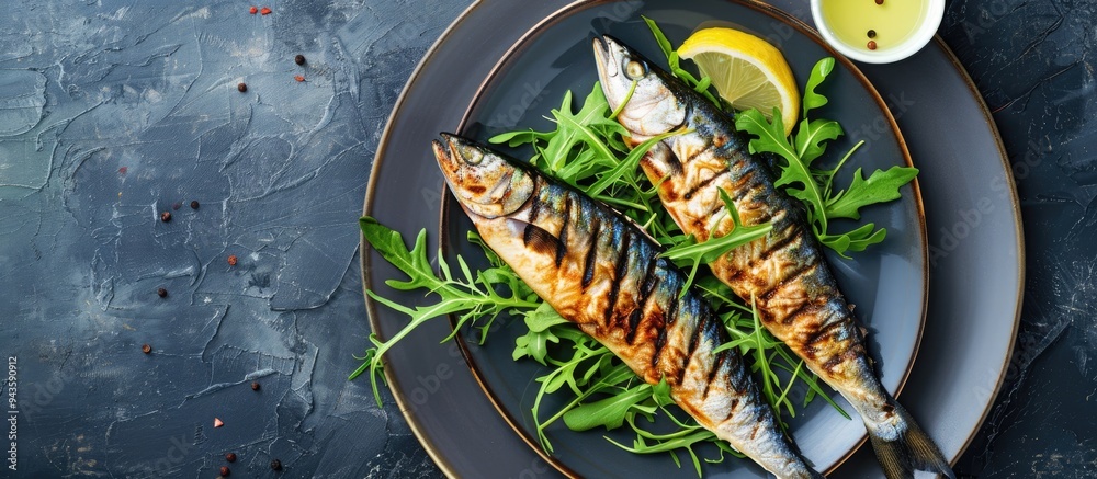Poster Top view of grilled mackerel fish with greens and lemon on a plate against a dark background offering a blank area for text or graphics in the image. Creative banner. Copyspace image