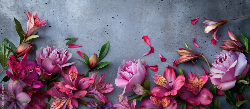 Poster a stunning floral arrangement featuring alstroemeria and peonies on a concrete backdrop the vivid pe