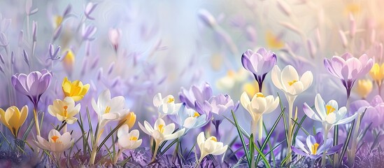 Crocuses blooming in the garden a banner featuring yellow white violet and purple spring flowers with space for text creating a versatile image for cards posters or backgrounds. Creative banner