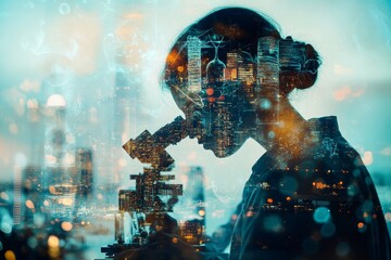 Double exposure of a biologist analyzing pharmaceutical experiments with a cityscape background