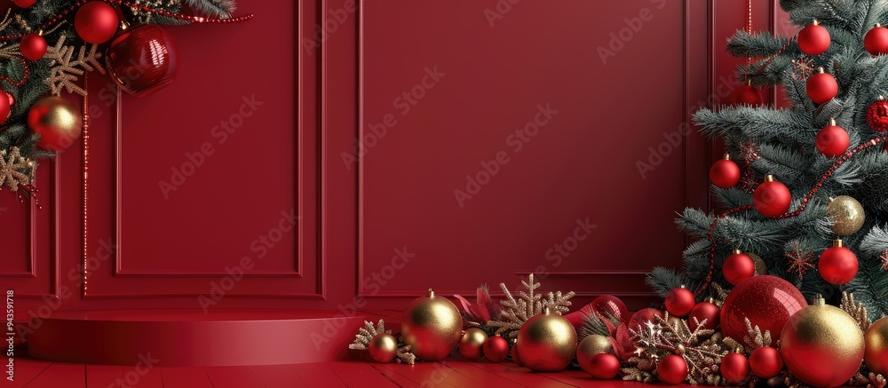 Poster Red background adorned with festive Christmas decorations including a podium for showcasing products featuring an elegant and ornate holiday theme with space for adding images. Creative banner
