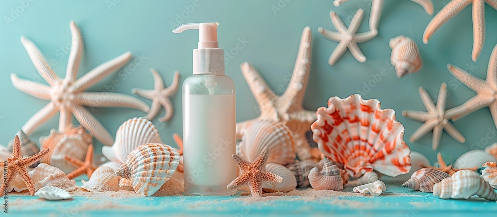 Poster Summer skincare products featuring a moisturizing fluid in an unbranded bottle set against a table decorated with summer motifs like seashells and starfish creating an isolated background for a copy s