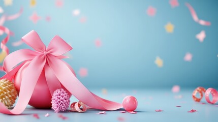 Pink Bow  Ribbons  and Decorations on Blue Background