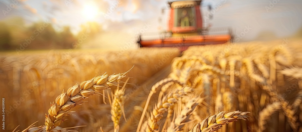 Poster A close up image of mature wheat in a farm field with a combine harvester in a blurred background providing ample copy space for additional elements