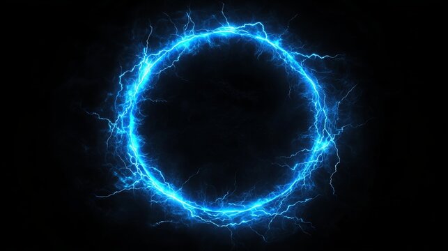 Electric blue thunderbolt in a circle frame on a black background. 3D vector illustration of a lightning storm effect. Perfect for use as a border. 