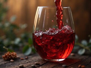 Rich crimson drink or fruit wine pours into glass, reflecting morning light among greenery of tranquil outdoor setting