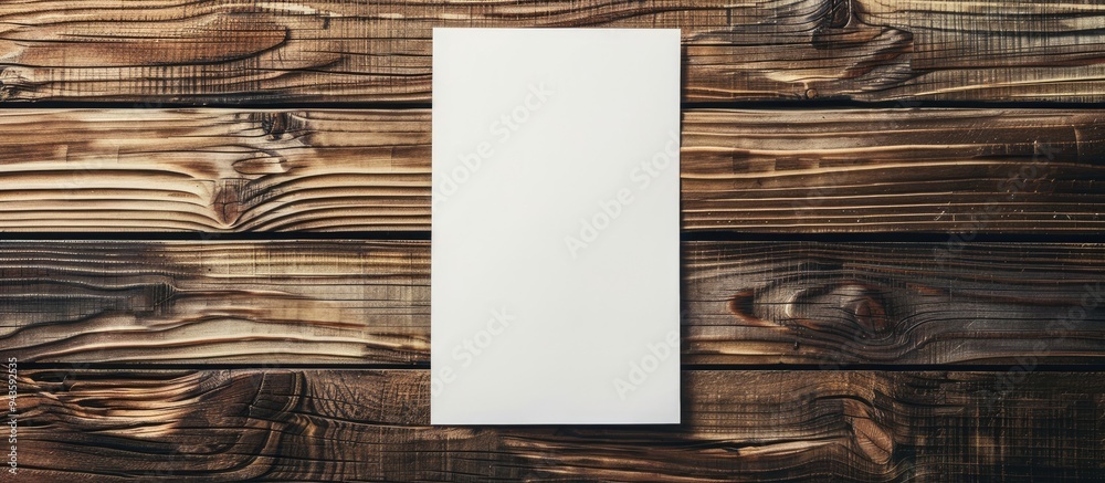 Poster wooden background with a blank white paper providing copy space for your text