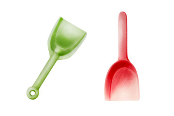 Green and red plastic children's shovels. Watercolor hand drawn set of kids toy for the sandbox illustration isolated on background. For designers, postcards, greetings, birthday, calendar, wallpapers