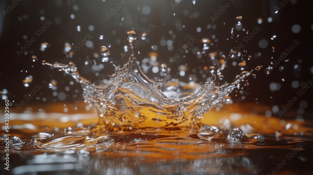 Poster A high-speed capture of a water droplet splashing into a pool of water, with the droplets frozen in mid-air, creating a dynamic and powerful image.