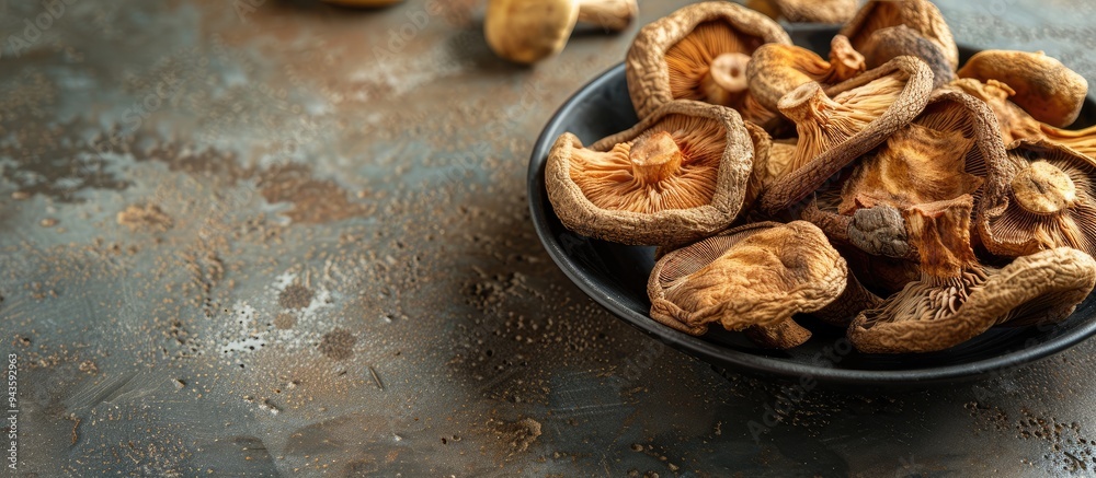Poster dried shiitake mushrooms prepared as a snack on a table with a food background and copy space image 