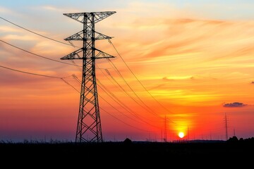 Fototapeta premium Stunning silhouette of a high voltage electric tower against a vibrant sunset background