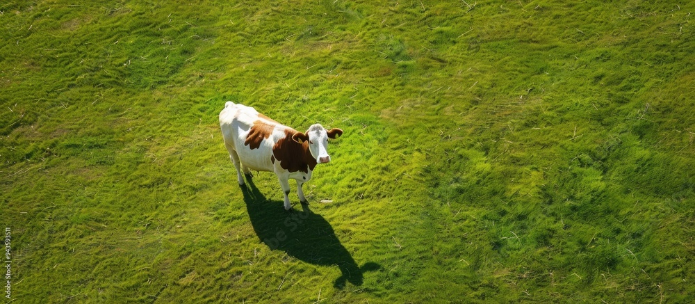 Poster high angle view of a white and brown cow with its shadow on a sunlit green field creating a serene c