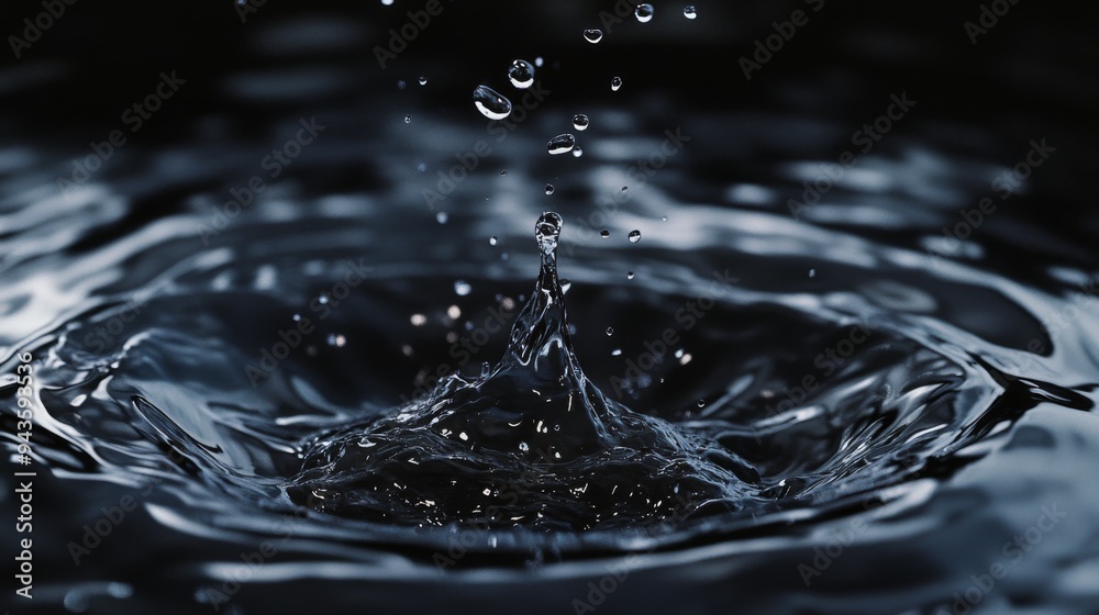 Poster A high-speed capture of a water droplet splashing into a pool of water, with the droplets frozen in mid-air, creating a dynamic and powerful image.