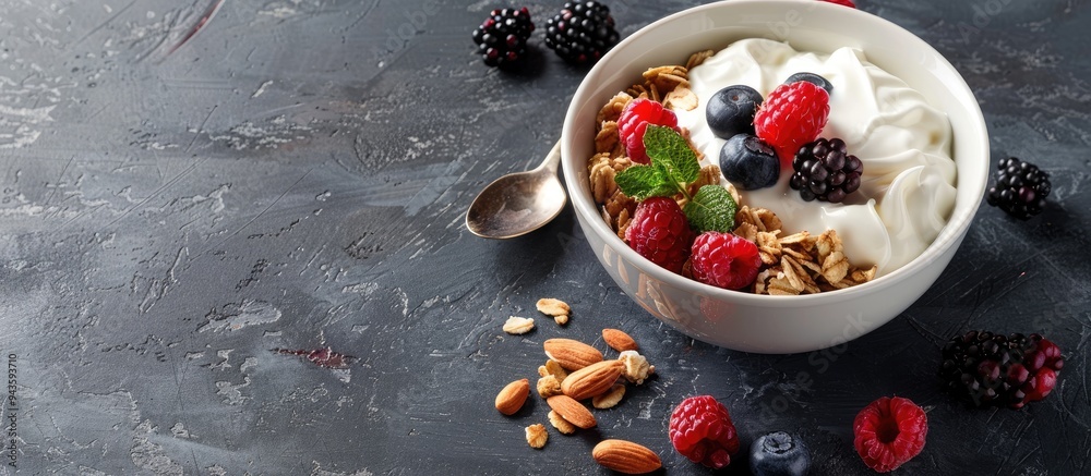 Poster a delicious bowl of granola with berries almonds and yogurt on a textured gray table in a flat lay c