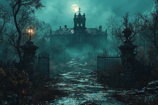 Halloween 3D illustration of a horror house on a creepy street under moonlight, ideal for Halloween promotions and themed events with copy space.