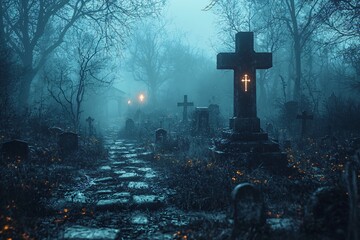 Halloween graveyard in a spooky forest at night, ideal for horror promotions, themed events, or decorations with copy space.