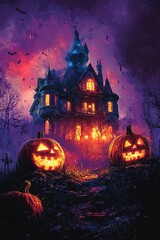 Halloween haunted house scene with glowing pumpkins, perfectly suited for festive invitations, graphic designs, and merchandise with copy space.