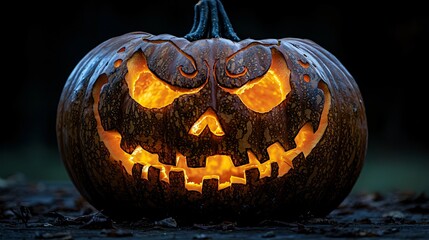 Halloween pumpkin lantern with a sinister face, ideal for spooky festivities, party invitations, decorations, and themed events with copy space.