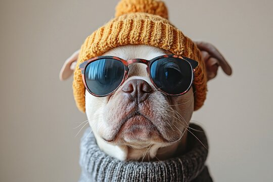 Halloween fun with a stylish dog in a colorful hat and sunglasses, perfect for festive promotions and social media posts with copy space.