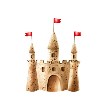 recommend clip art: Sand castle with red flags on towers. Watercolor hand drawn kids play in the sandbox illustration isolated on background. For designers, postcards, greetings, birthday, calendar, wallpapers, wrapping 