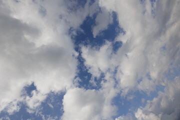 guardando in alto al cielo azzurro, carico di nubi bianche e grigie dalle forme e dimensioni variabili