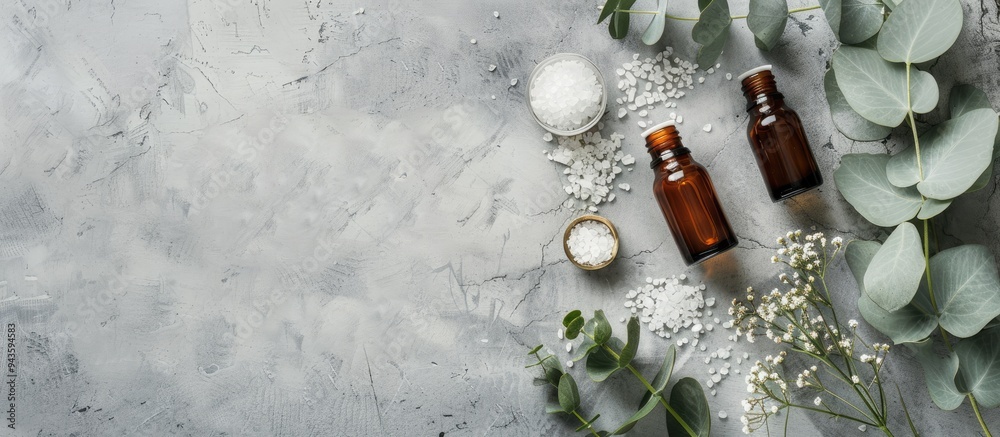 Aufkleber a flat lay display features aromatherapy products like essential oil bottles sea salt and eucalyptus