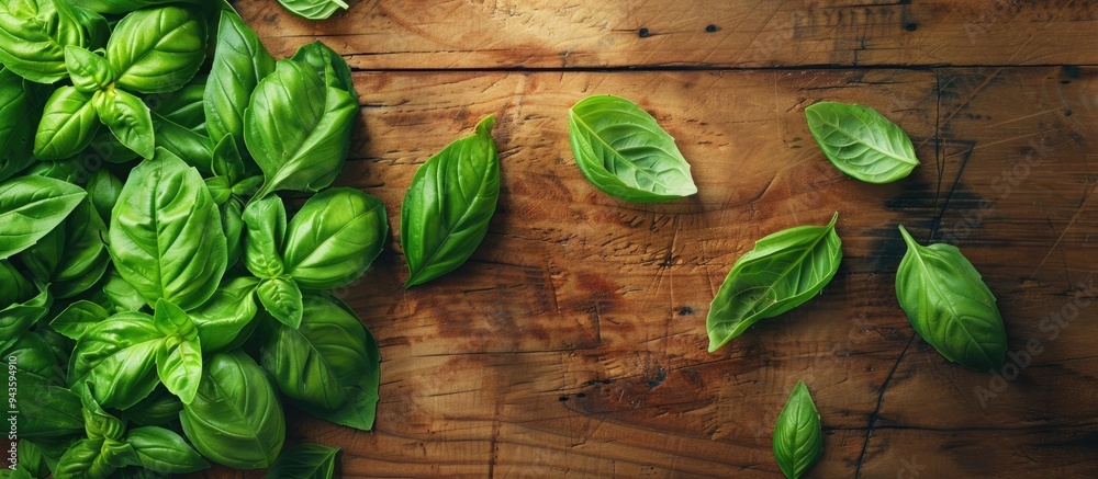 Poster fresh green organic basil leaves displayed on a textured wooden background ideal for vegan cuisine w