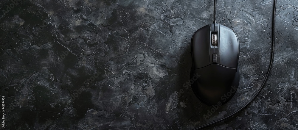 Poster top view image of a wired mouse on a black textured table featuring ample space for text often calle