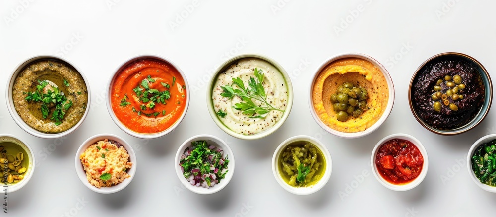 Poster several bowls with various dips lined up neatly against a white background with room for copy space 
