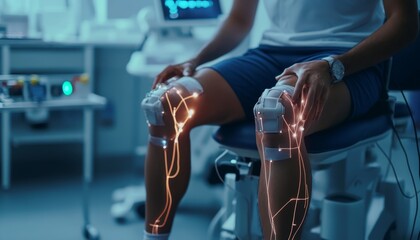 Electrotherapy in modern clinic  physiotherapist treats legs and knee with advanced technique